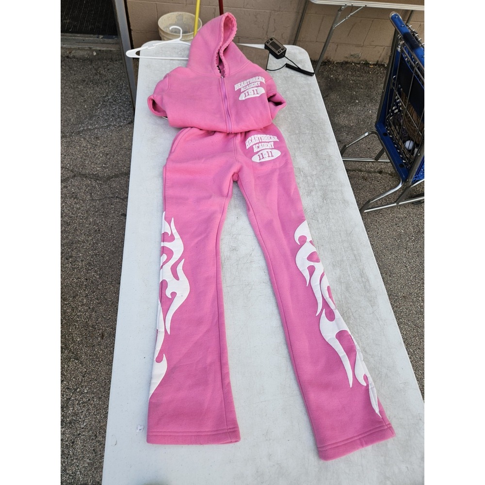Y2K streetwear tracksuits Hoodie Pants Set Heartbreaker Flames Pink And White XS